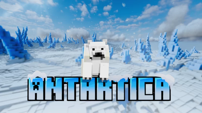 Paysage glacé Minecraft avec des pics de glace et un ciel coloré.