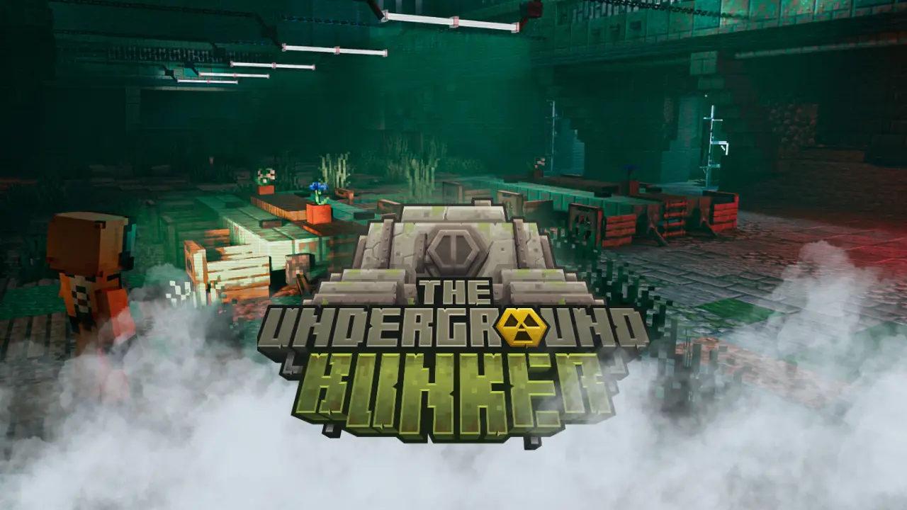 Intérieur du bunker Minecraft : tables, végétation et éclairages, dans un rendu Blender.